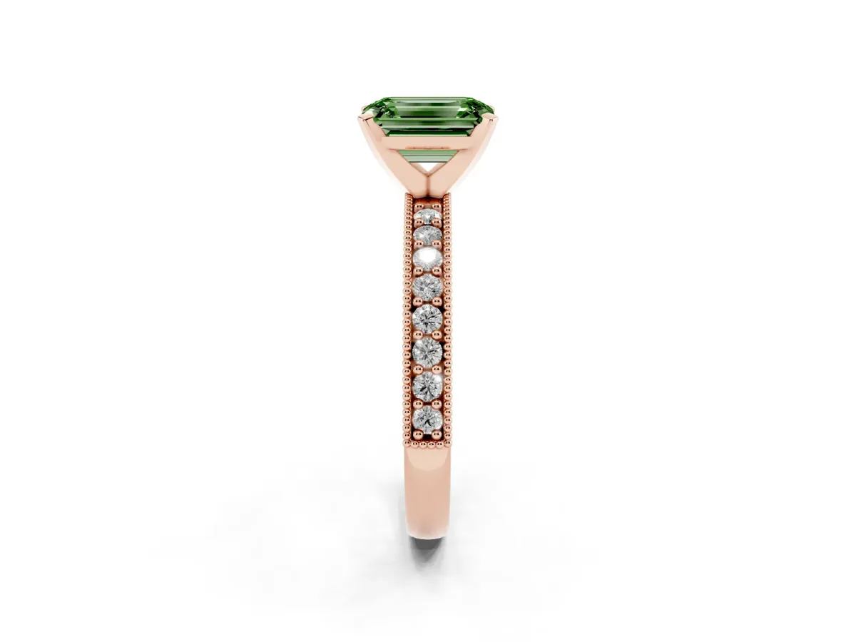 Fancy Green Emerald Cut Diamond Milgrain Pavé Engagement Ring with Four-Prong Setting Rose gold