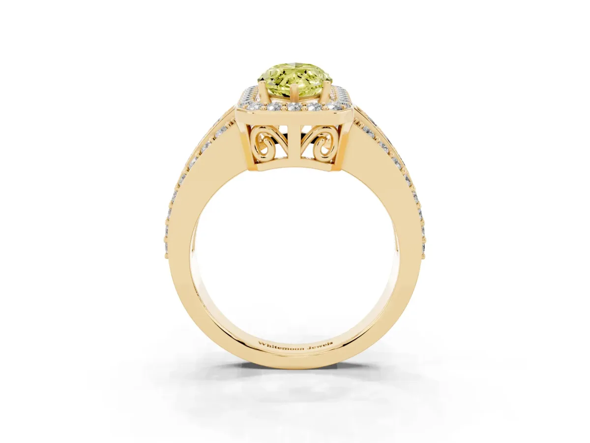 Fancy Yellow Marquise Cut Halo Diamond Ring with Round Split Shank and Prong Setting Yellow gold