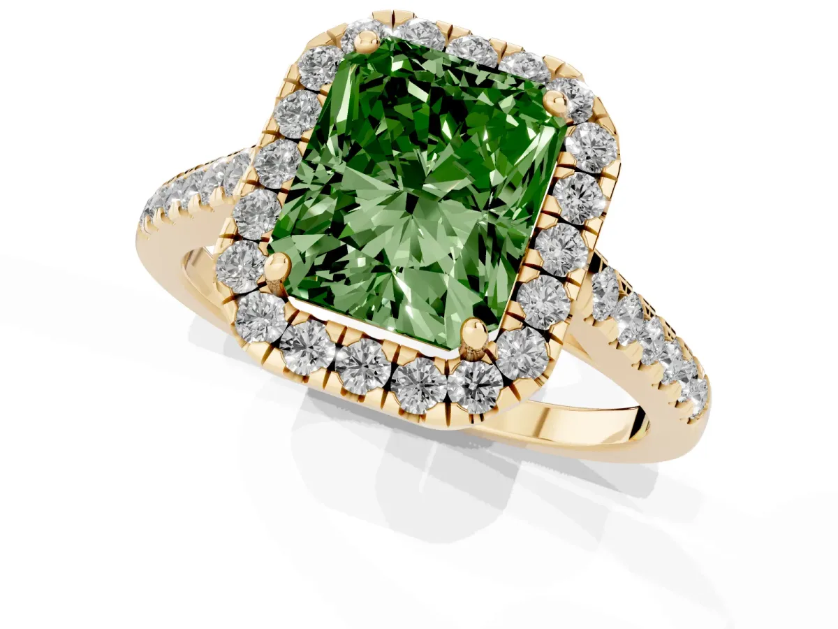 Fancy Green Radiant Cut Halo Pave Diamond Engagement Ring with Four-Prong Setting Yellow gold