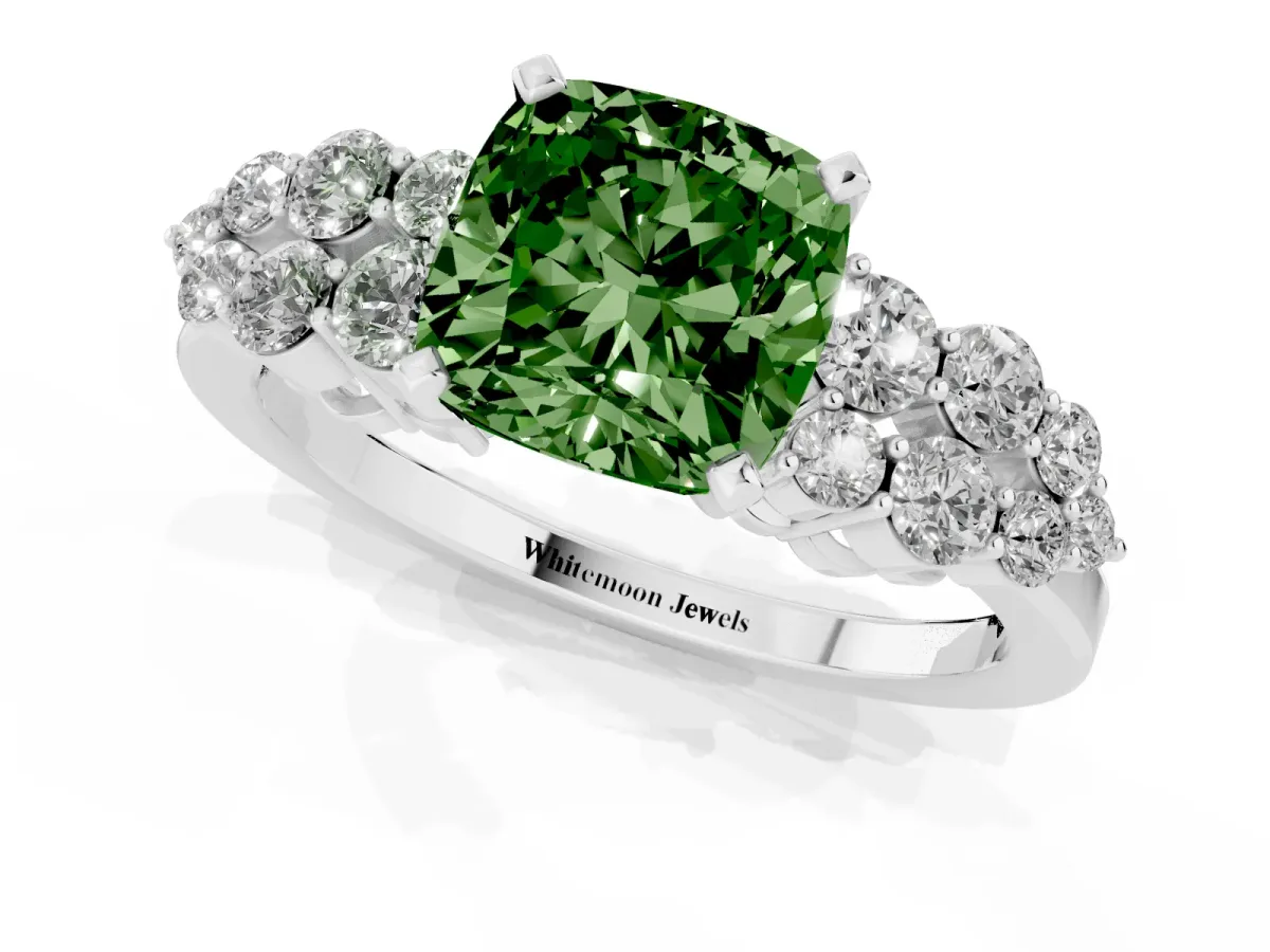 Fancy Green Cushion Cut Cluster Diamond Engagement Ring with Pavé Band and Four-Prong Setting Platinum