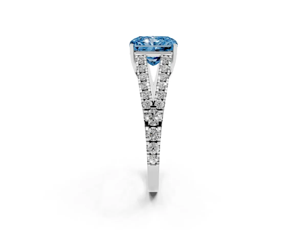 Fancy Blue Radiant Cut Diamond Split Shank Engagement Ring with Round Pavé and Prong Setting Silver