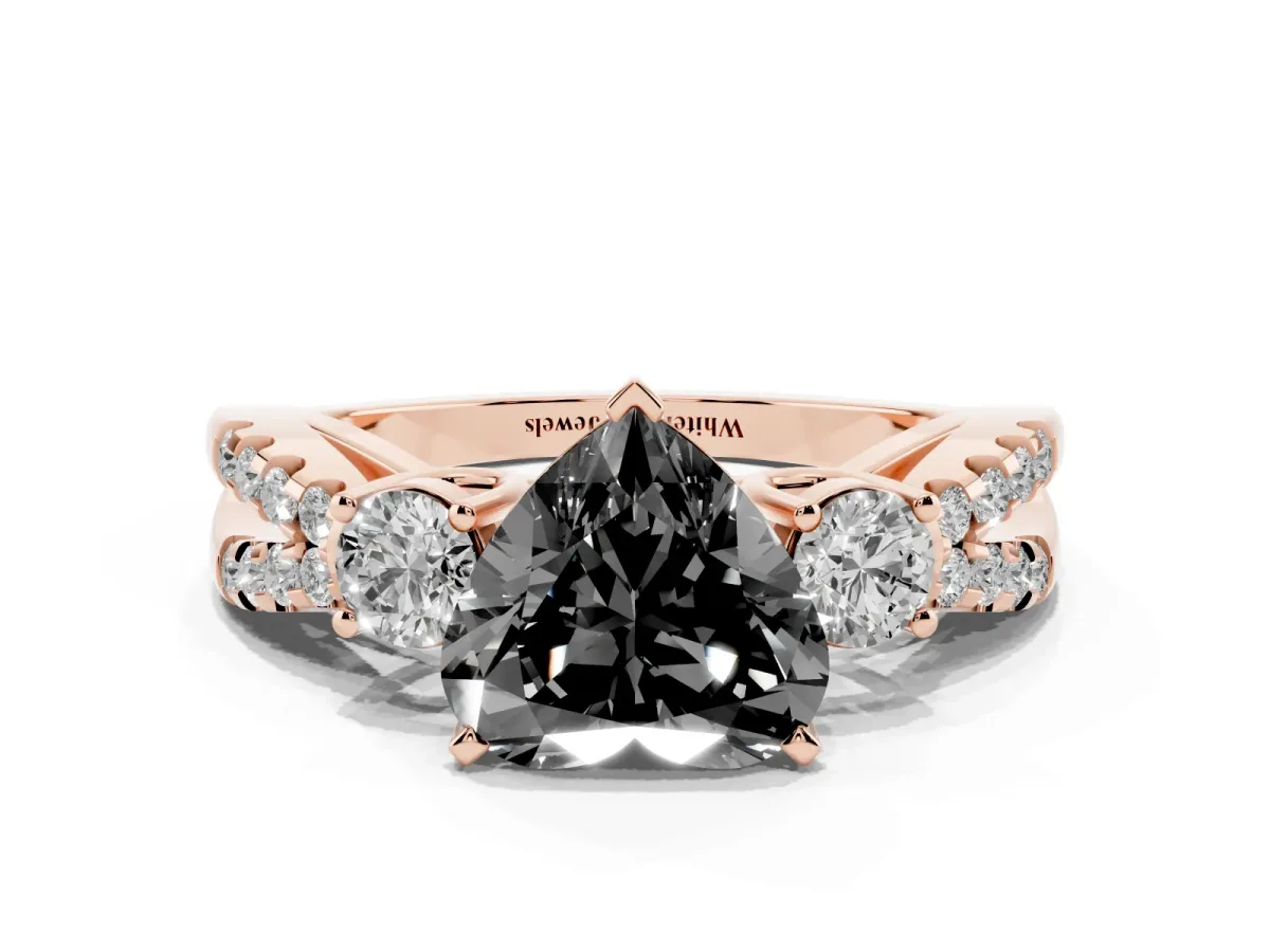 Fancy Black Heart Cut Diamond Three-Stone Ring with Pavé Split Shank and Four-Prong Setting Rose gold