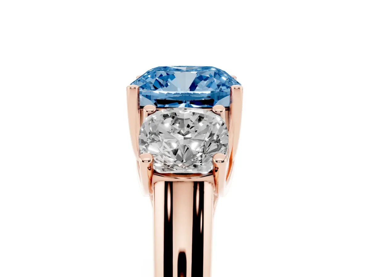 Fancy Blue Three-Stone Cushion Cut Diamond Engagement Ring with Prong Setting Rose gold