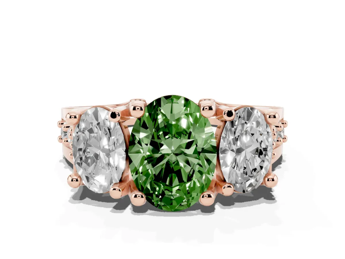 Fancy Green Oval Cut Diamond Three-Stone Ring with Channel Set Band and Four-Prong Setting Rose gold