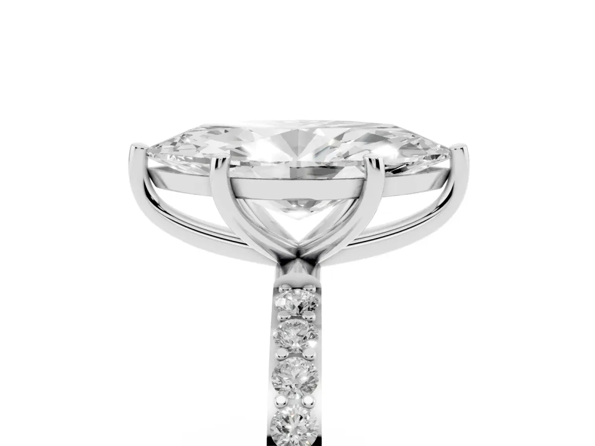 Marquise Cut Diamond Solitaire Ring with Round Pavé Shoulders and Prong Setting Silver
