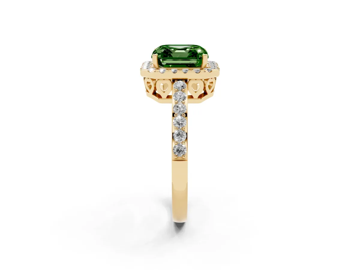 Fancy Green Asscher Cut Halo Diamond Pavé Band Ring with Prong Setting Yellow gold