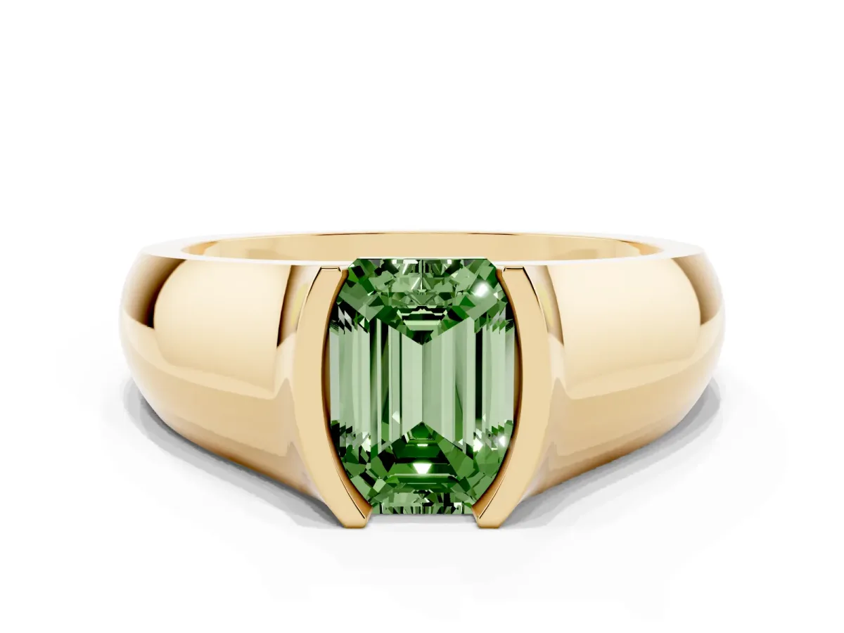 Fancy Green Emerald Cut Solitaire Bezel Set Diamond Ring with Wide Band Yellow gold