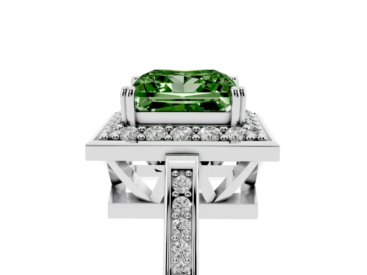 Fancy Green Princess Cut Diamond Halo Ring with Split Shank and Four-Prong Setting Silver