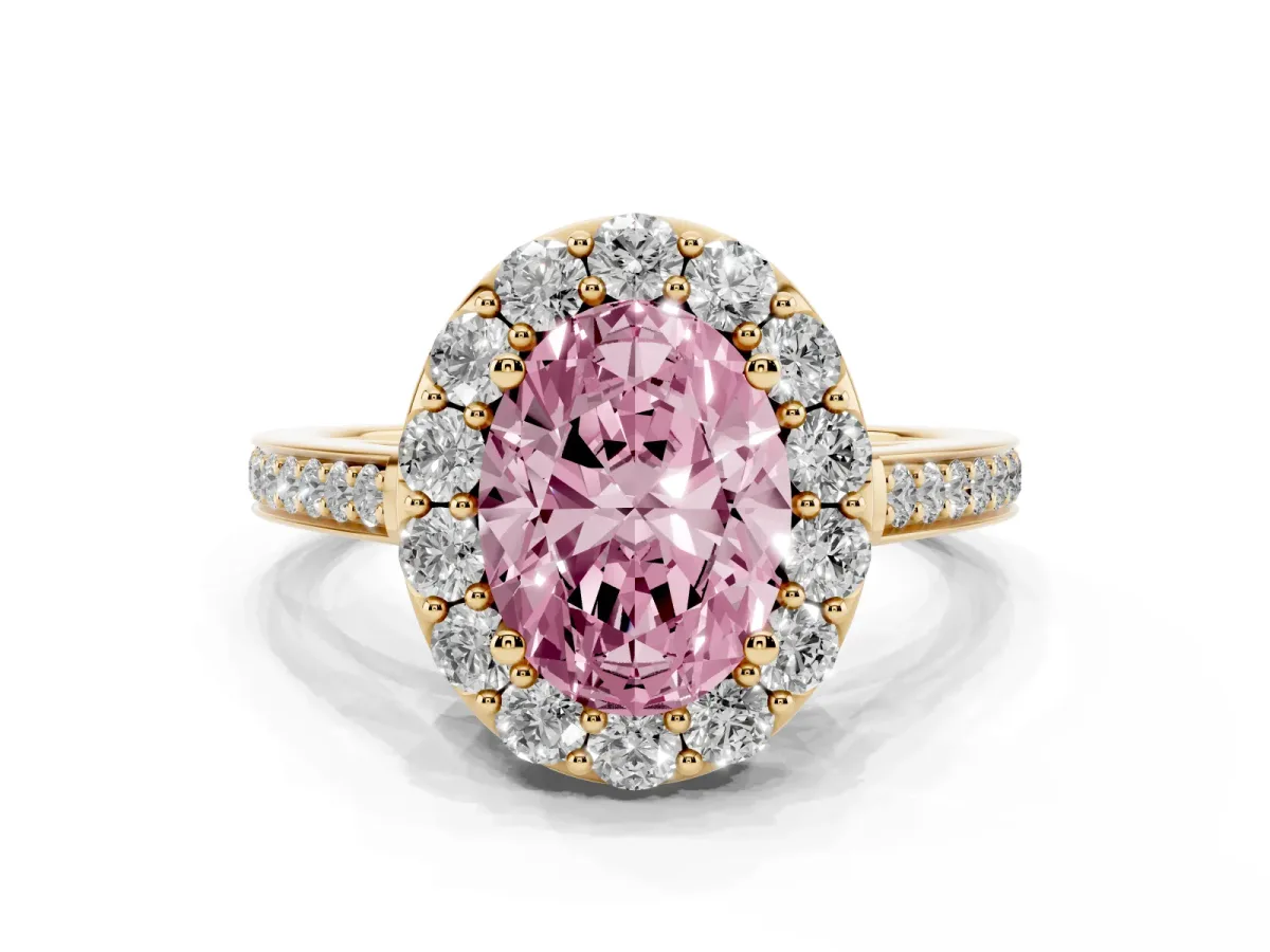 Fancy Pink Oval Cut Diamond Floral Halo Ring with Pavé Band and Prong Setting Yellow gold