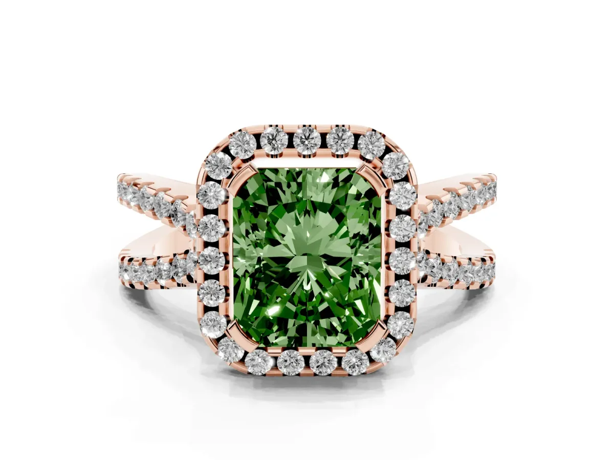 Fancy Green Radiant Cut Diamond Halo Ring with Split Shank Pavé Band and Prong Setting Rose gold