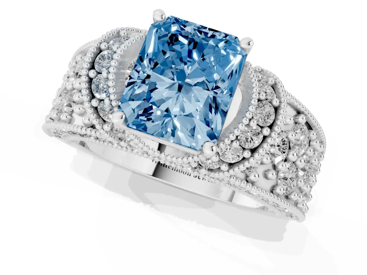 Fancy Blue Radiant Cut Halo Pave Diamond Engagement Ring with Milgrain Detailing Silver