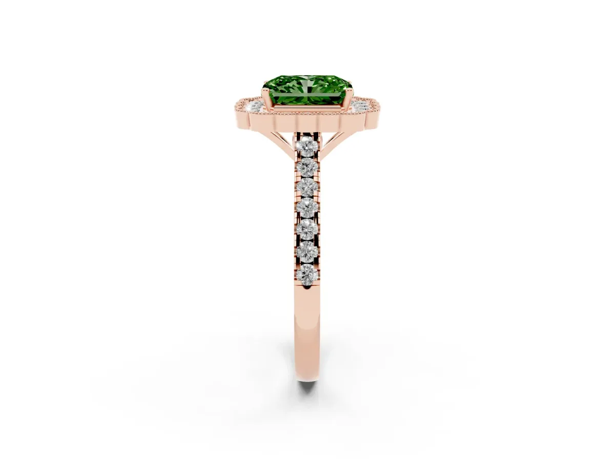 Fancy Green Radiant Cut Cut Diamond Milgrain Floral Halo Engagement Ring with Pavé Band Rose gold