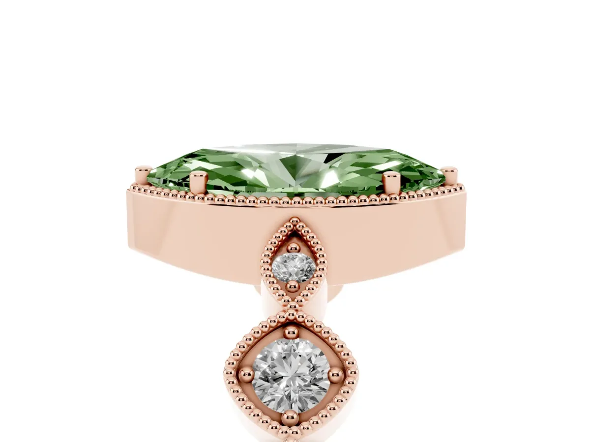 Fancy Green Marquise Cut Diamond Vintage Milgrain Ring with Round Stations Rose gold