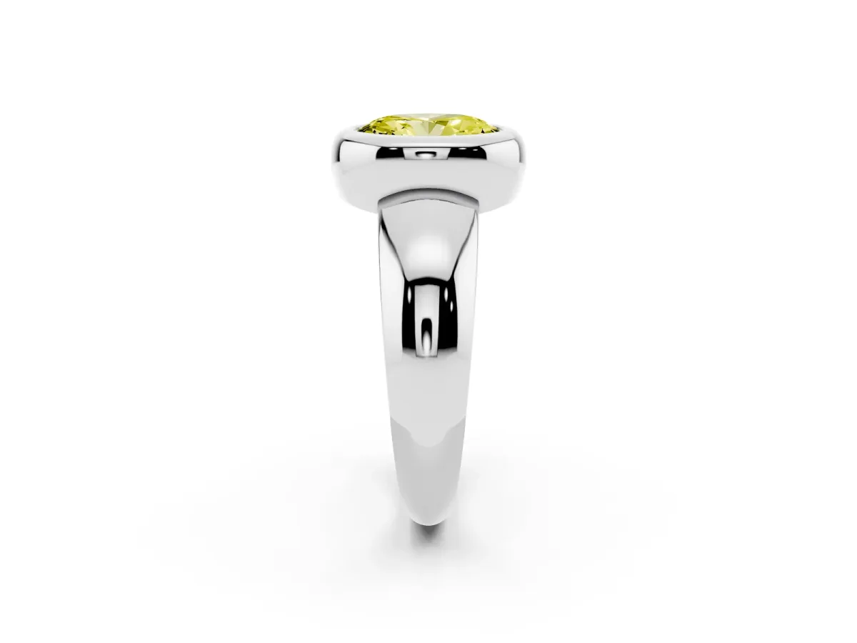 Fancy Yellow Bezel Set Oval Cut Solitaire Ring with Wide Band Platinum