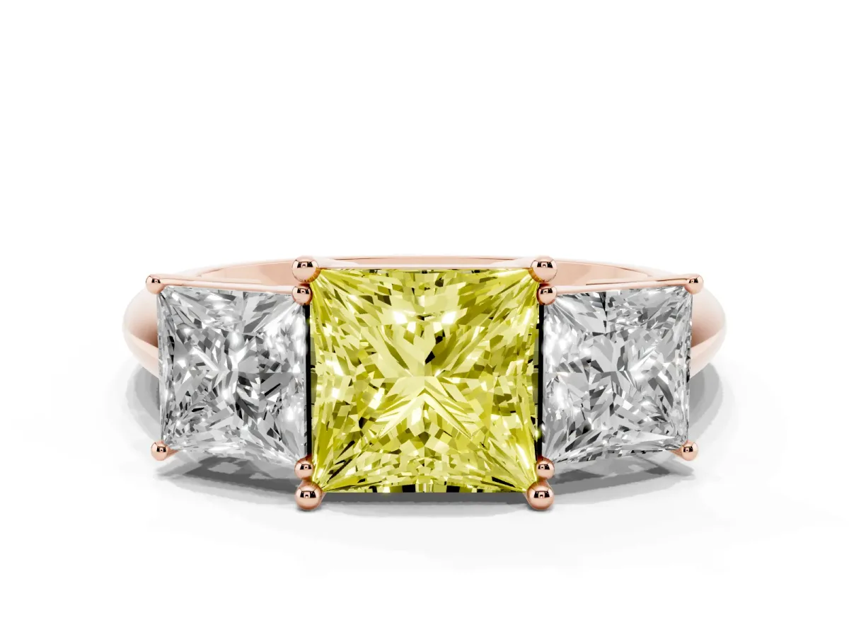Fancy Yellow Three-Stone Princess Cut Cut Diamond Engagement Ring with Prong Setting on a White Gold Band Rose gold