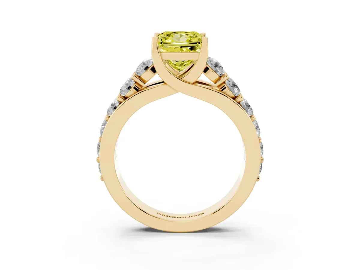 Fancy Yellow Princess Cut Diamond Engagement Ring with Pavé Band and Four-Prong Setting Yellow gold