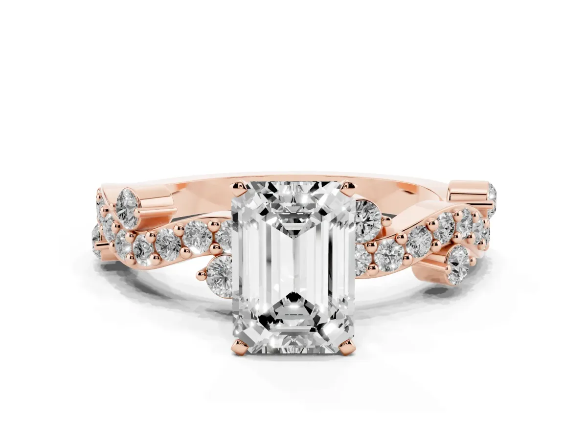 Emerald Cut Cut Solitaire Diamond Twisted Band with Pave Setting Rose gold