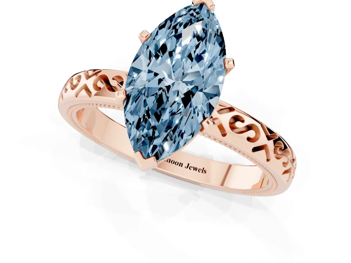 Fancy Blue Marquise Cut Solitaire Engagement Ring with Scrollwork Band and Four-Prong Setting Rose gold