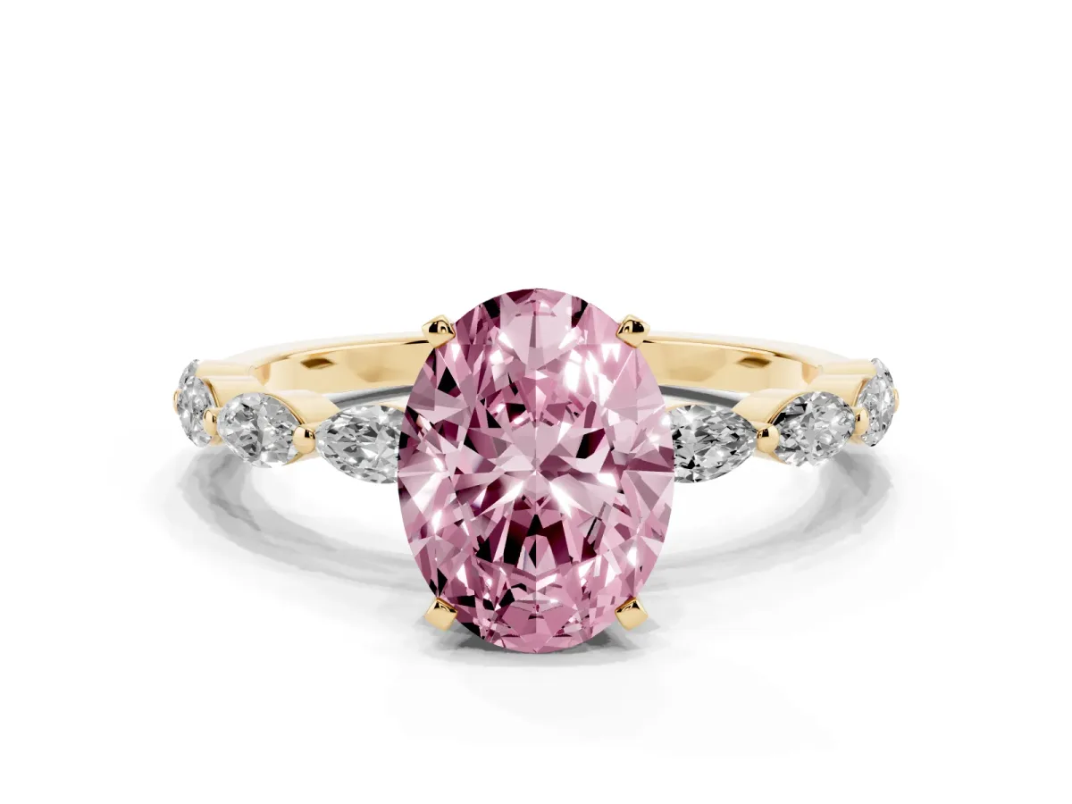 Fancy Pink Oval Cut Diamond Ring with Marquise Side Stones and Prong Setting Yellow gold