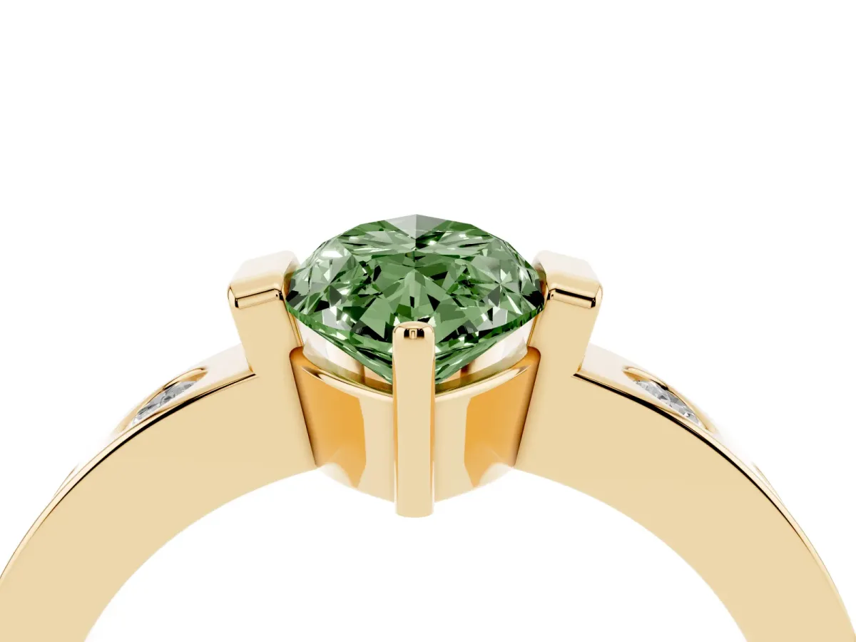 Fancy Green Marquise Cut Brilliant Channel-Set Diamond Ring with Bezel Prong Setting Yellow gold