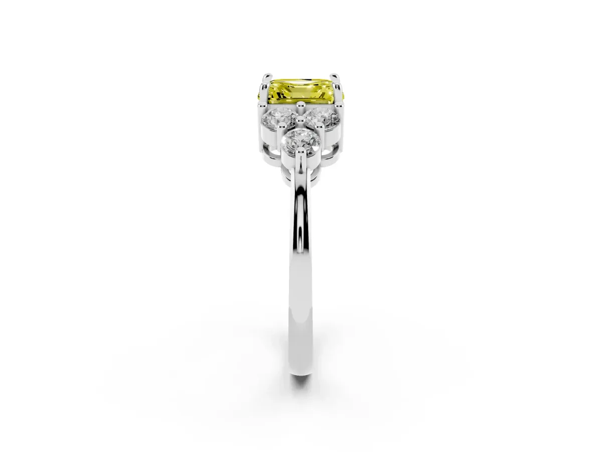 Fancy Yellow Asscher Cut Brilliant Diamond Cluster Accent Solitaire Ring with Prong Setting Silver