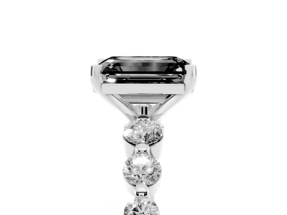 Fancy Black Emerald Cut Solitaire Diamond Ring with Pave Band and Four-Prong Setting Silver