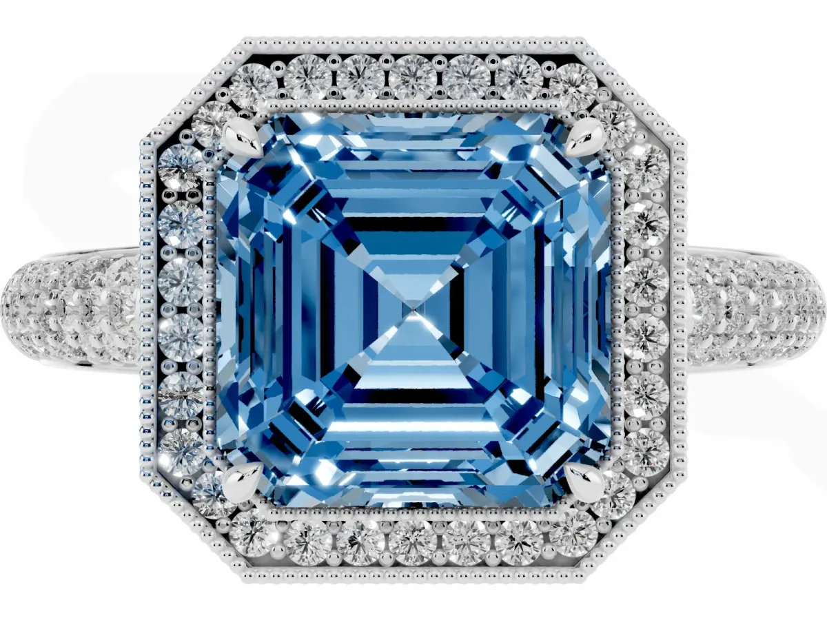Fancy Blue Asscher Cut Cut Halo Diamond Pave Band with Four-Prong Setting Platinum