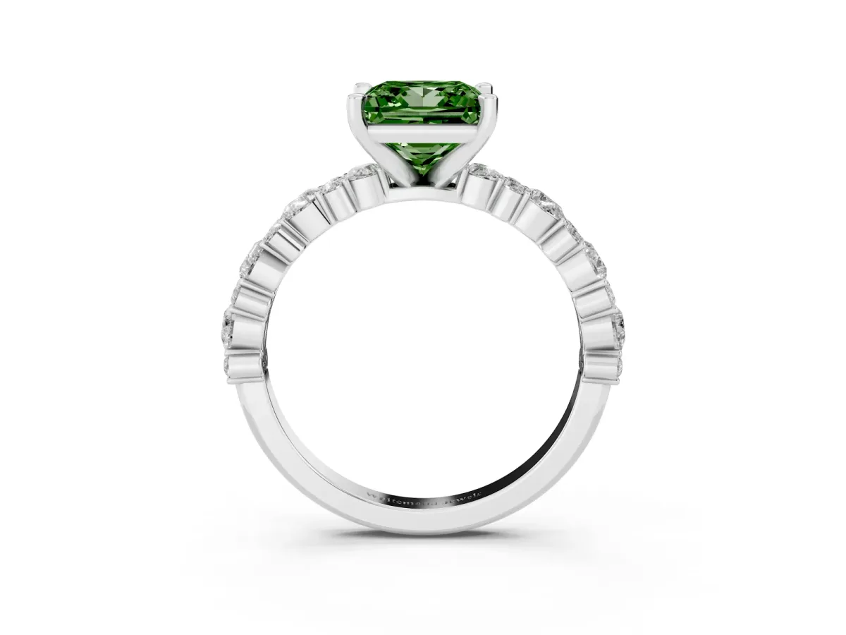 Fancy Green Princess Cut Diamond Side Stone Solitaire Ring with Round and Four-Prong Setting Silver