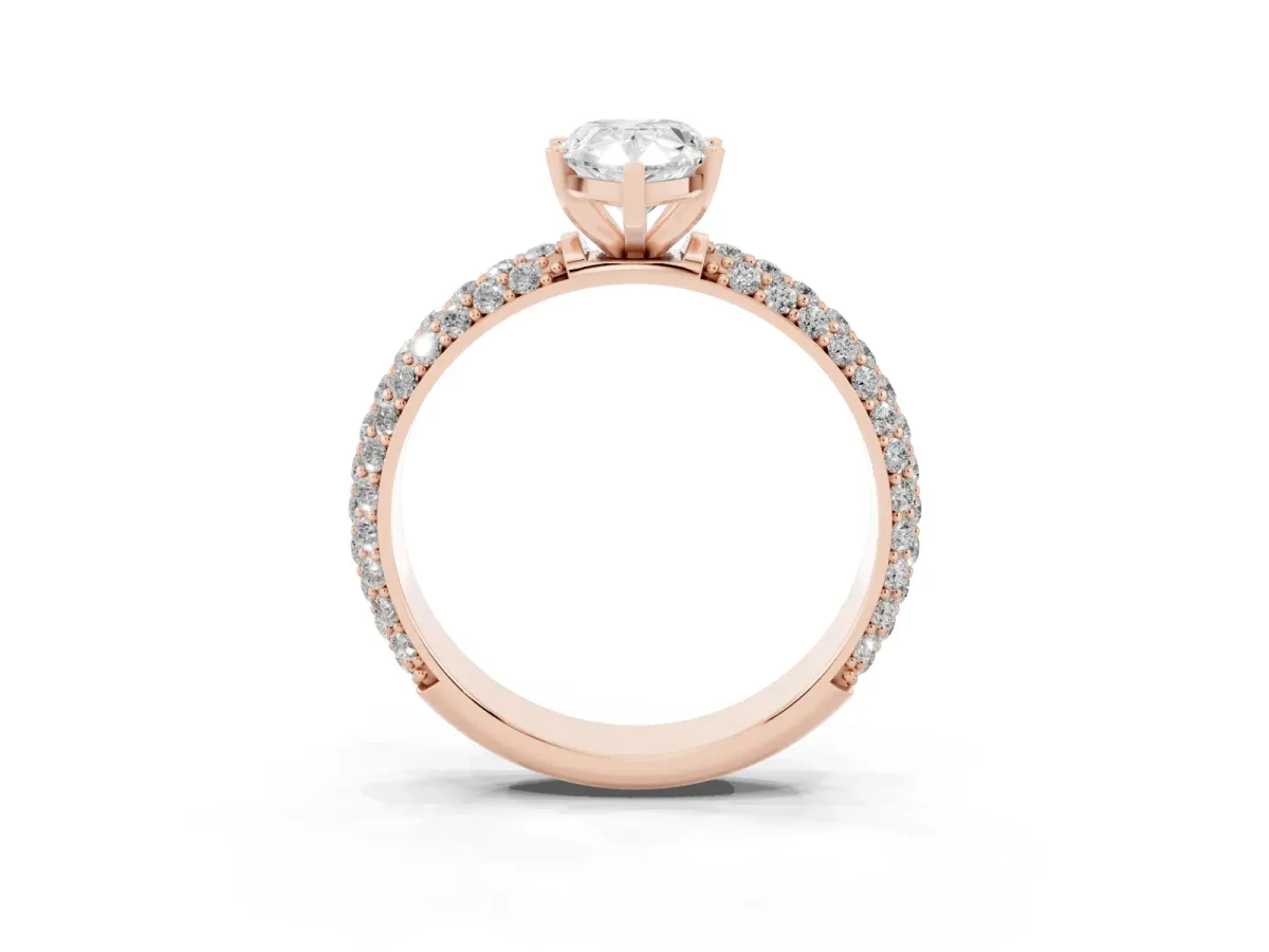 Pear Cut Diamond Solitaire Ring with Prong Setting and Pavé Band Rose gold