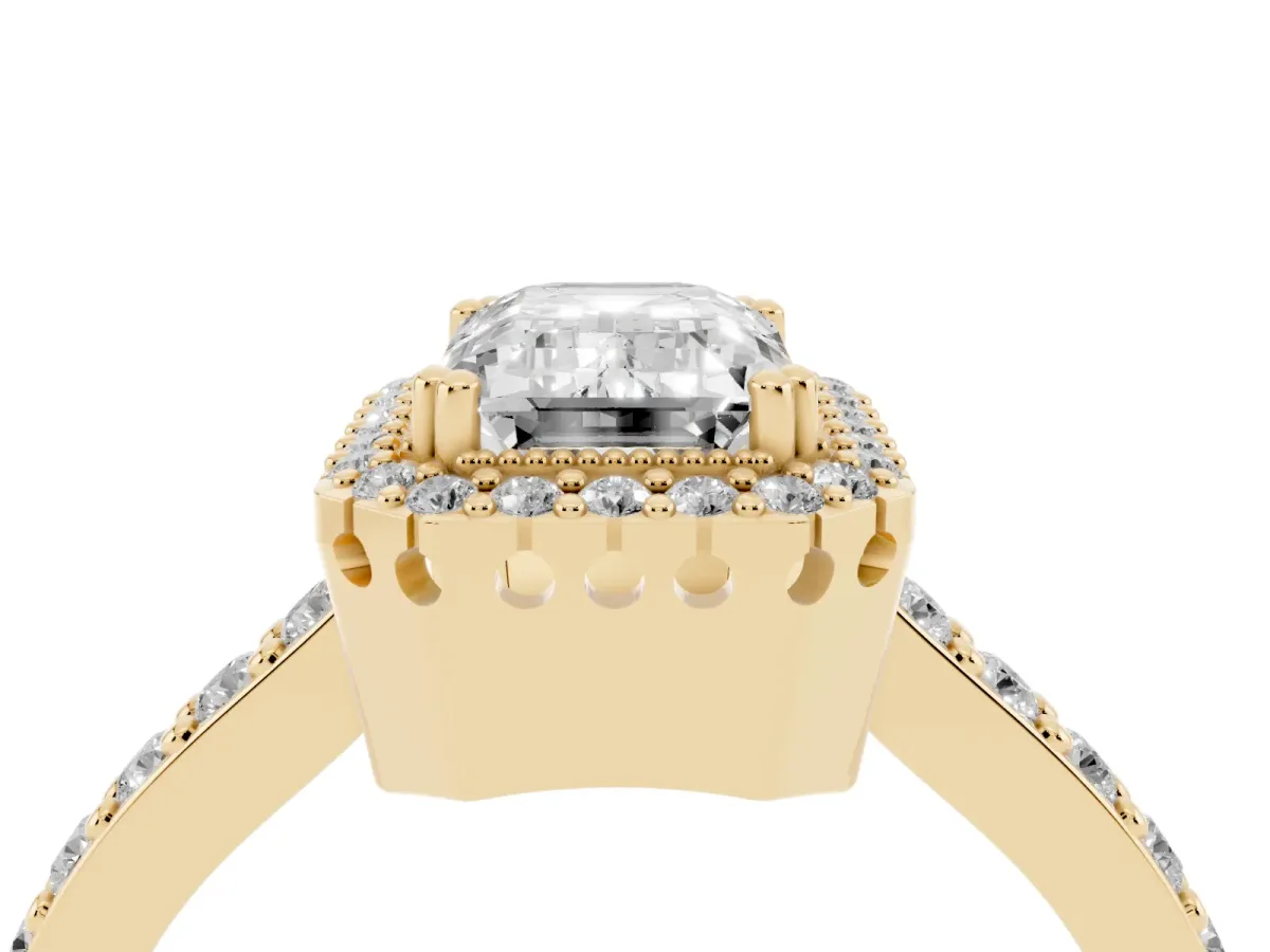 Emerald Cut Cut Diamond Halo Engagement Ring with Milgrain Detail and Pavé Band Yellow gold