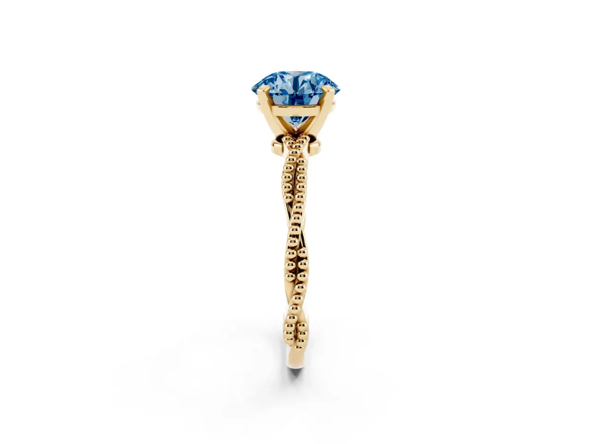 Fancy Blue Round Cut Solitaire Twisted Band with Bead Prong Setting Yellow gold