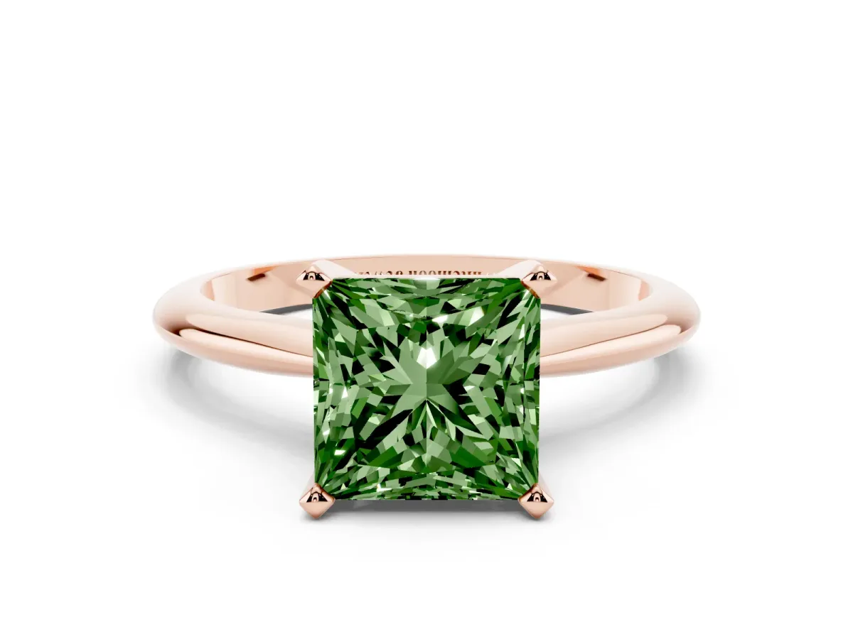Fancy Green Princess Cut Cut Solitaire Ring with Four-Prong Setting on a Classic Band Rose gold