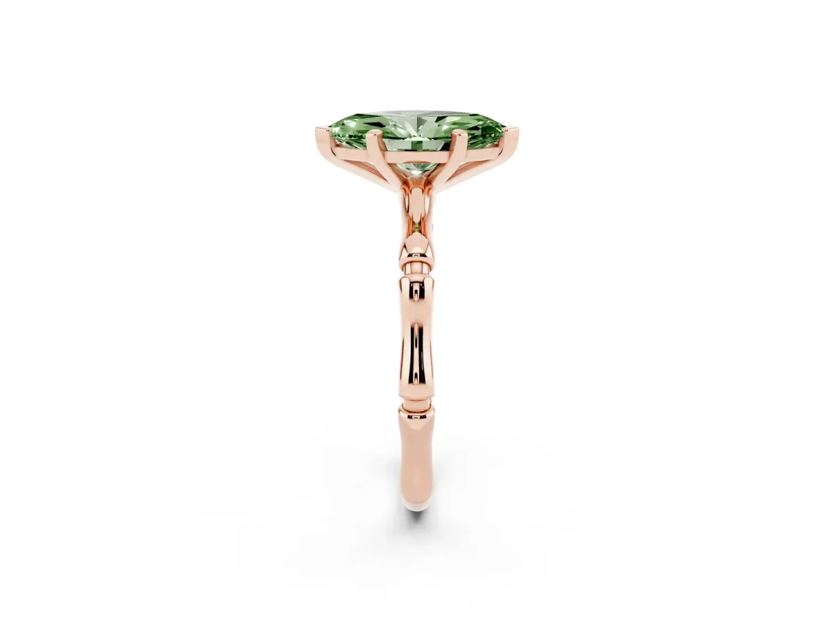 Fancy Green Marquise Cut Solitaire Diamond Ring with Bamboo Band and Four-Prong Setting Rose gold