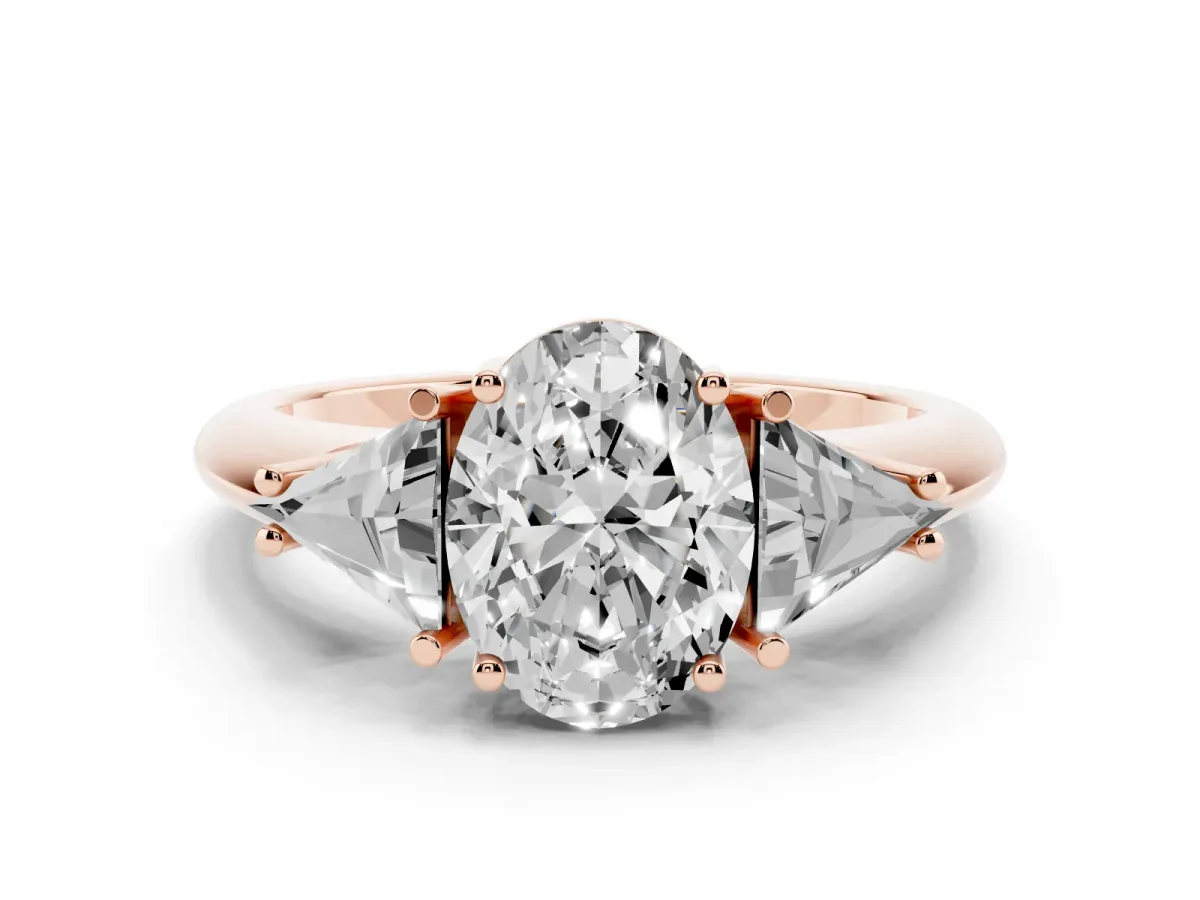 Three-Stone Oval Cut Diamond Engagement Ring with Trillion Side Stones and Prong Setting Rose gold