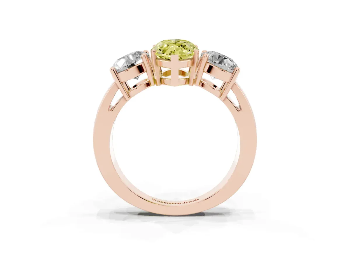 Fancy Yellow Three-Stone Marquise Cut Diamond Ring with Round Side Stones, Classic Band, and Four-Prong Setting Rose gold