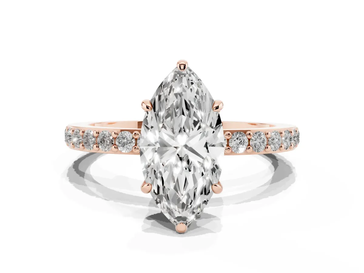 Marquise Cut Diamond Pavé Engagement Ring with Round Accents and Prong Setting Rose gold