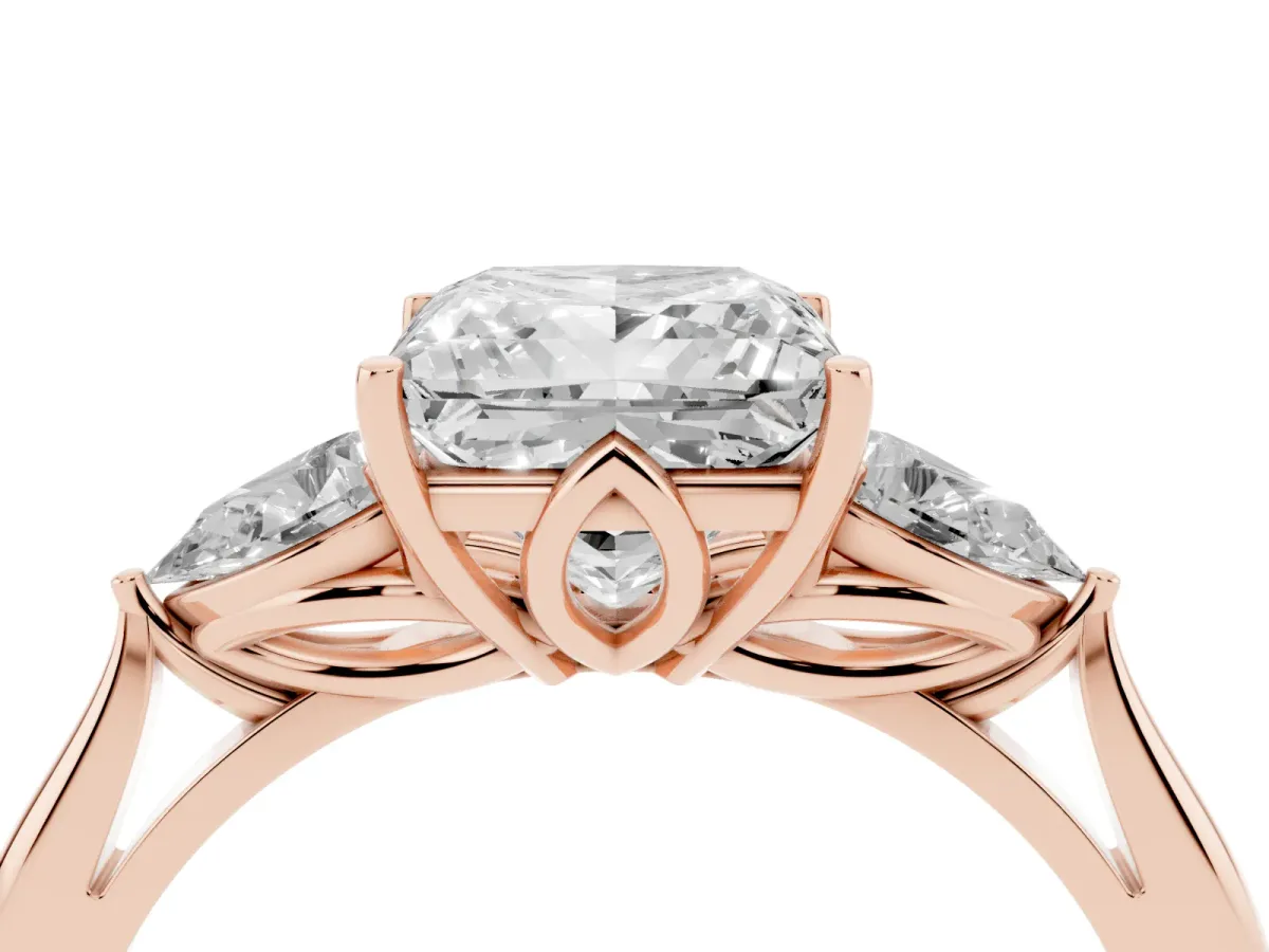 Three-Stone Princess Cut Diamond Ring with Pear Side Stones in Four-Prong Setting Rose gold