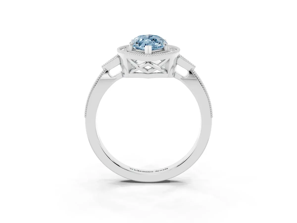 Fancy Blue Marquise Cut Halo Round Diamond Milgrain Pave Engagement Ring Silver