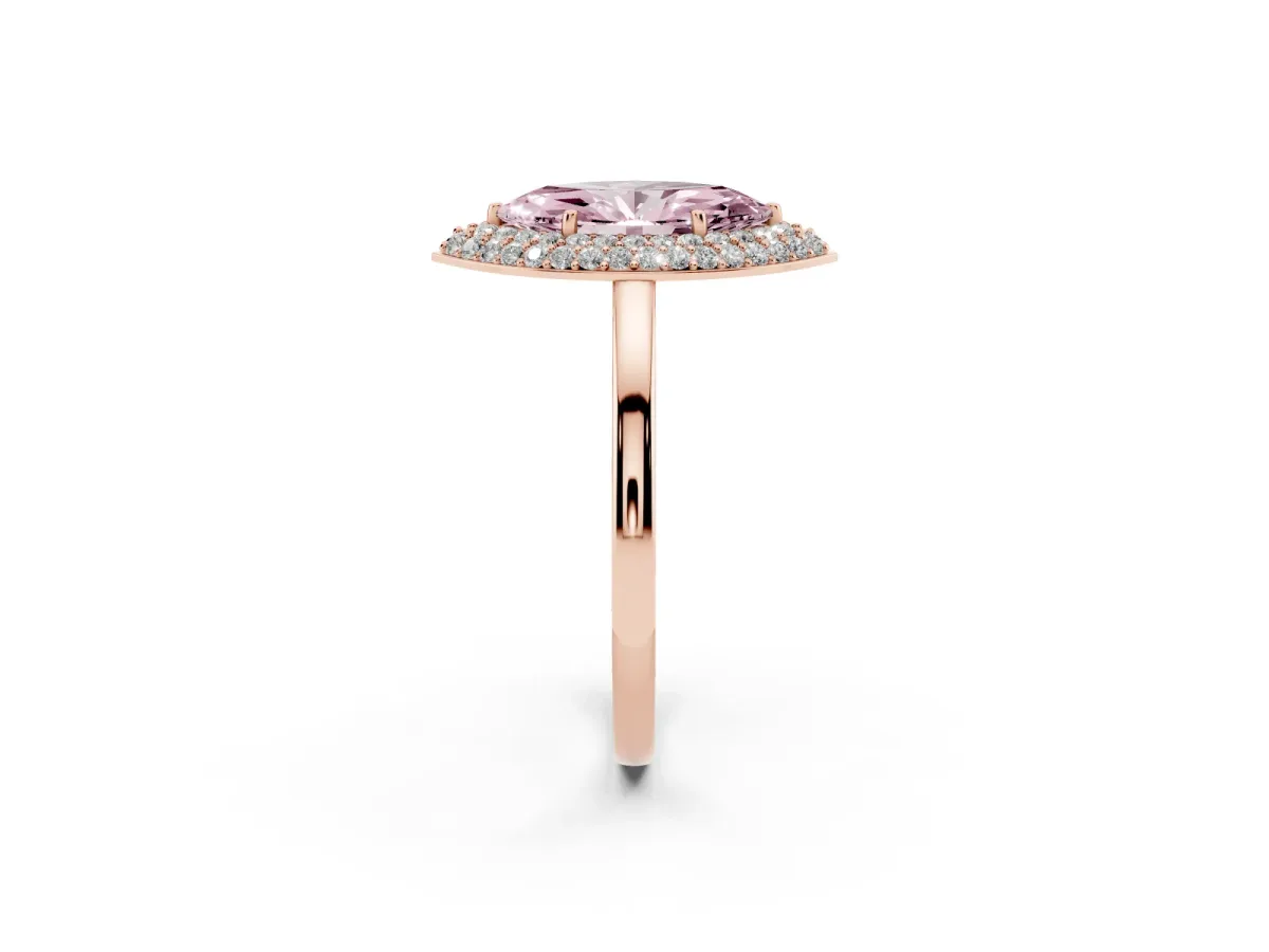 Fancy Pink Marquise Cut Halo Diamond Engagement Ring with Solitaire Band and Four-Prong Setting Rose gold