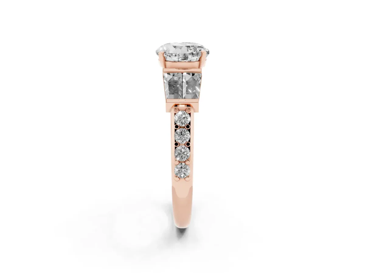 Round Cut Diamond Engagement Ring with Baguette Side Stones and Channel Set Band Rose gold