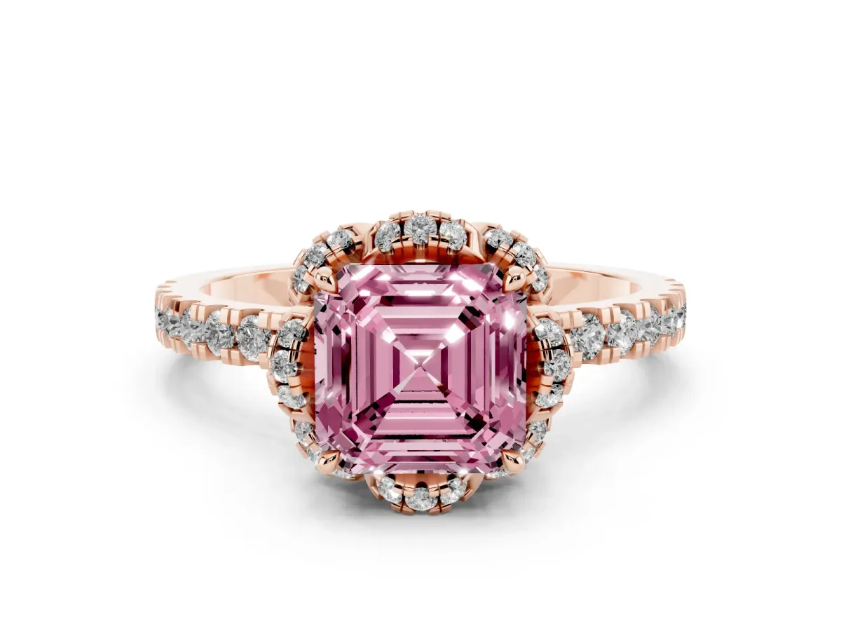 Fancy Pink Asscher Cut Halo Diamond Pave Band Ring with Four-Prong Setting Rose gold