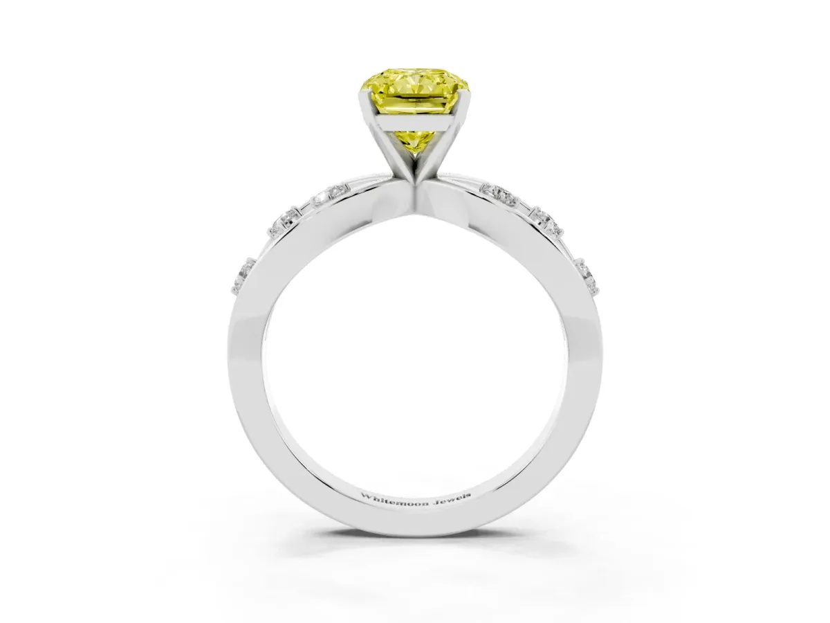 Fancy Yellow Radiant Cut Cut Solitaire Diamond with Side Stones on Criss-Cross Band and Four-Prong Setting Platinum