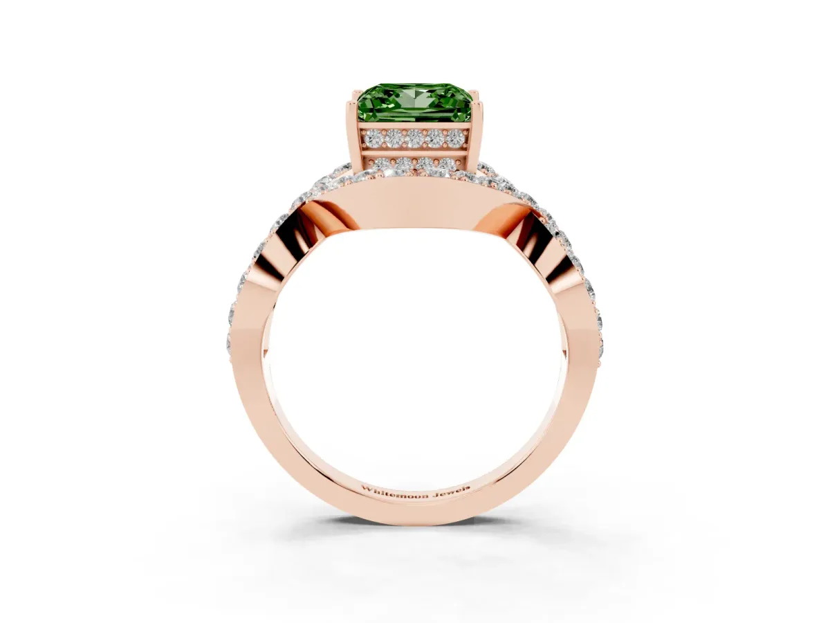 Fancy Green Princess Cut Solitaire Twist Band Pavé Diamond Engagement Ring Rose gold