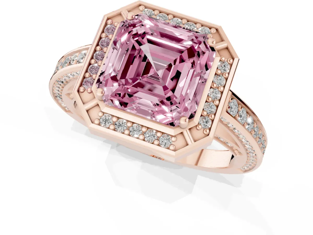 Fancy Pink Asscher Cut Cut Halo Pave Split Shank Prong Setting Ring Rose gold