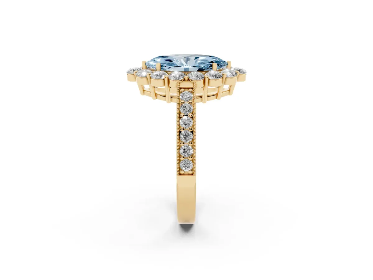 Fancy Blue Marquise Cut Cut Halo Diamond Pavé Engagement Ring with Milgrain Detailing Yellow gold