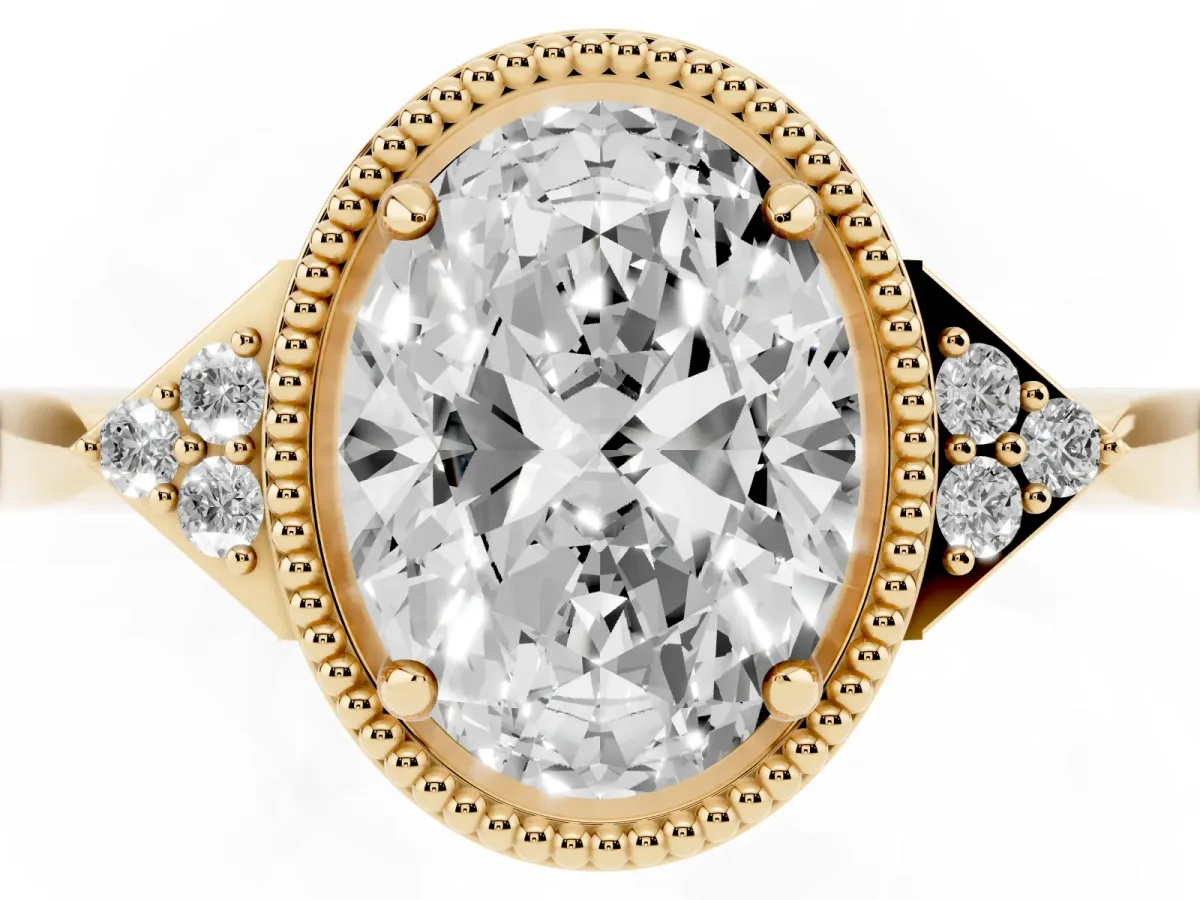 Hexagonal Halo Oval Cut Diamond Solitaire with Pavé Band and Four-Prong Setting Yellow gold