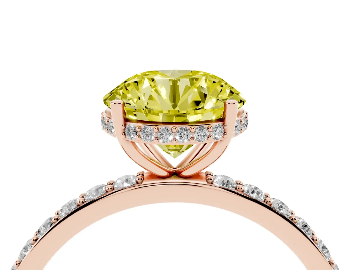 Fancy Yellow Round Cut Diamond Solitaire Ring with Pavé Band and Hidden Halo Rose gold