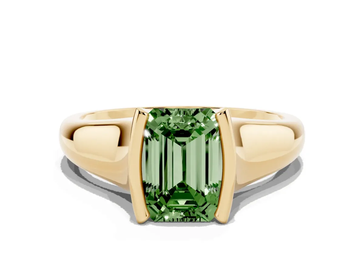 Fancy Green Emerald Cut Solitaire Tension Set Diamond Ring with Split Shank Band Yellow gold