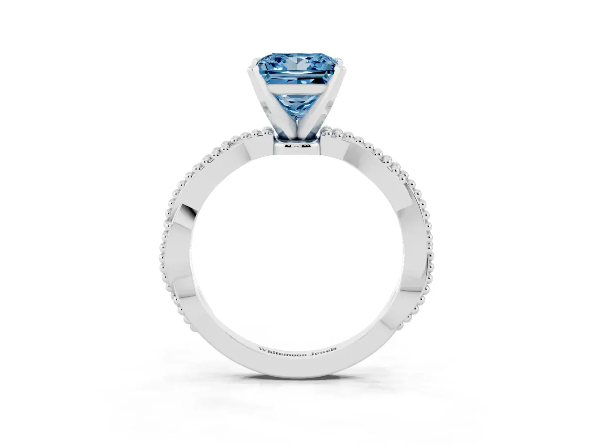 Fancy Blue Princess Cut Solitaire Twisted Band with Bead Prong Setting Silver