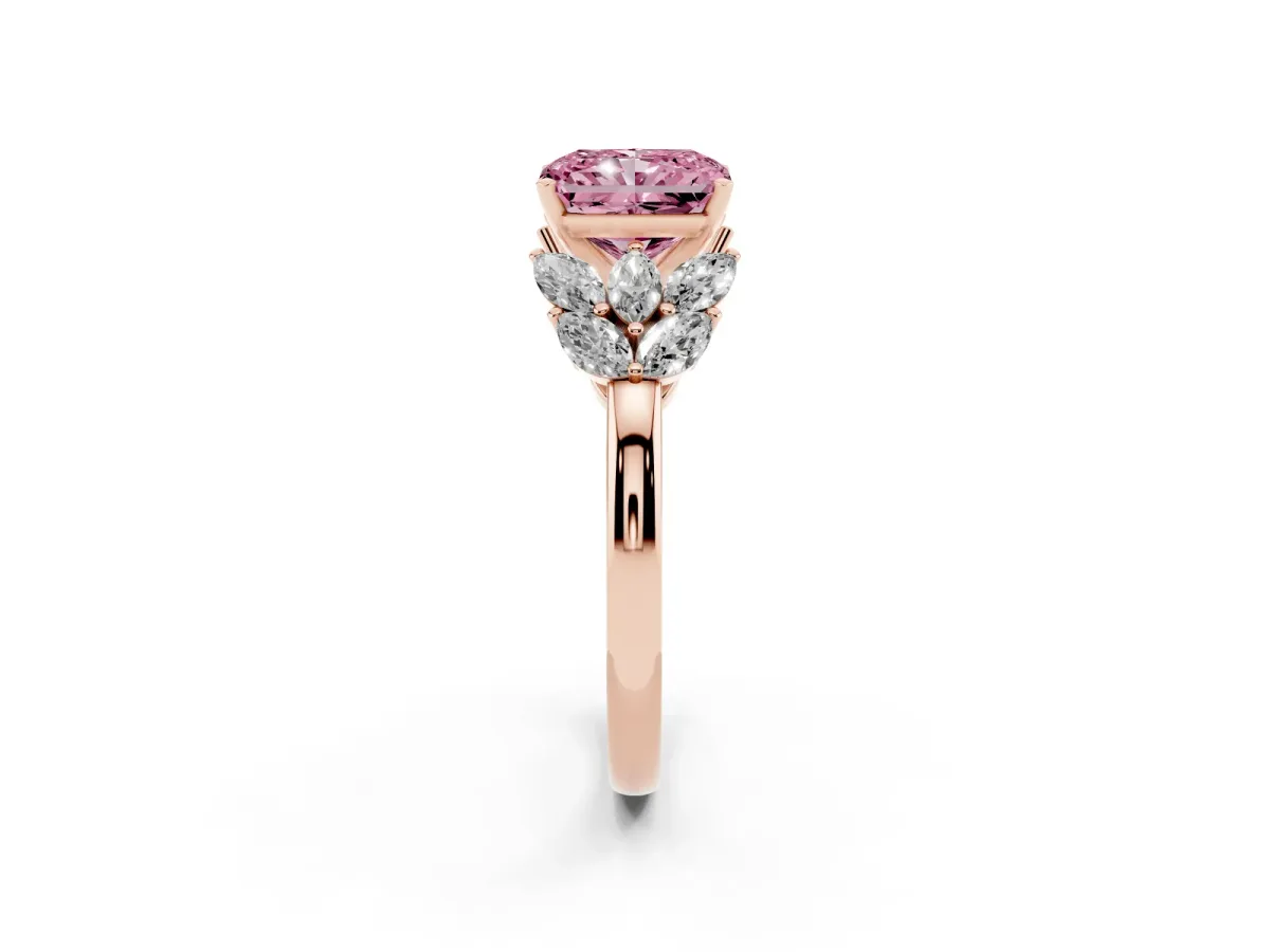 Fancy Pink Radiant Cut Diamond Cluster Leaf Design Ring with Prong Setting Rose gold